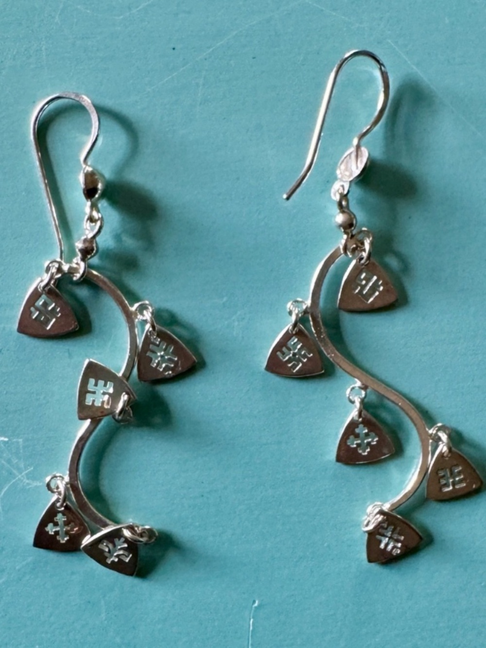 Latvian Charm Wave Earrings With 10 Symbols Sterling Silver Handcrafted